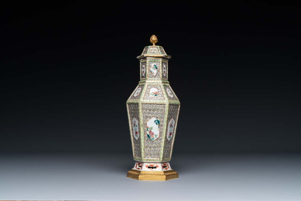 A hexagonal Chinese famille rose vase and cover with gilt bronze mounts, Qianlong