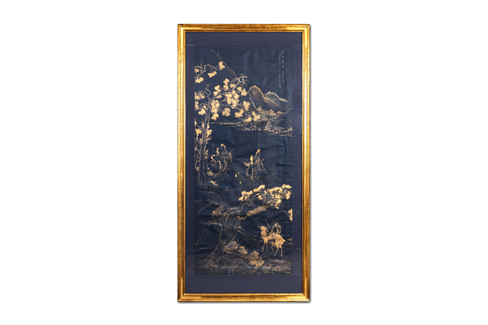 Yu Zhiding 禹之鼎 (1647-1716): 'Shoulao meets female deities', gold and silver ink on indigo paper, dated 1696
