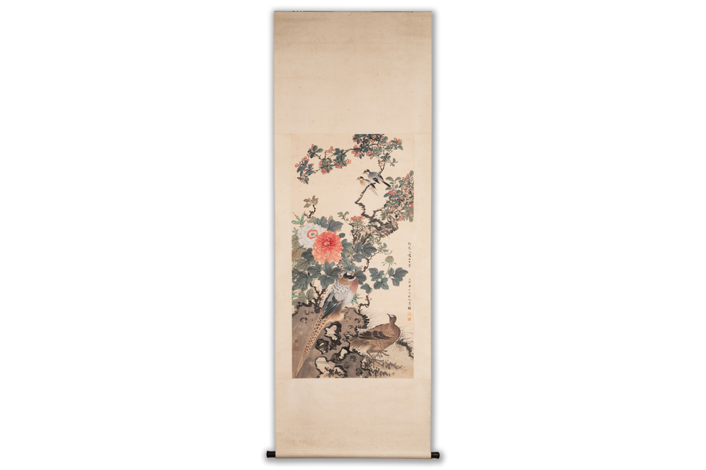 Tian Shiguang 田世光 (1916-1999): 'Oiseaux et fleurs', encre et couleur sur papier