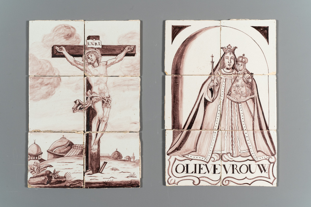 Two Dutch Delft manganese tile murals with 'The Crucifixion' and 'The Madonna with Child', probably Rotterdam, 2nd half 18th C.