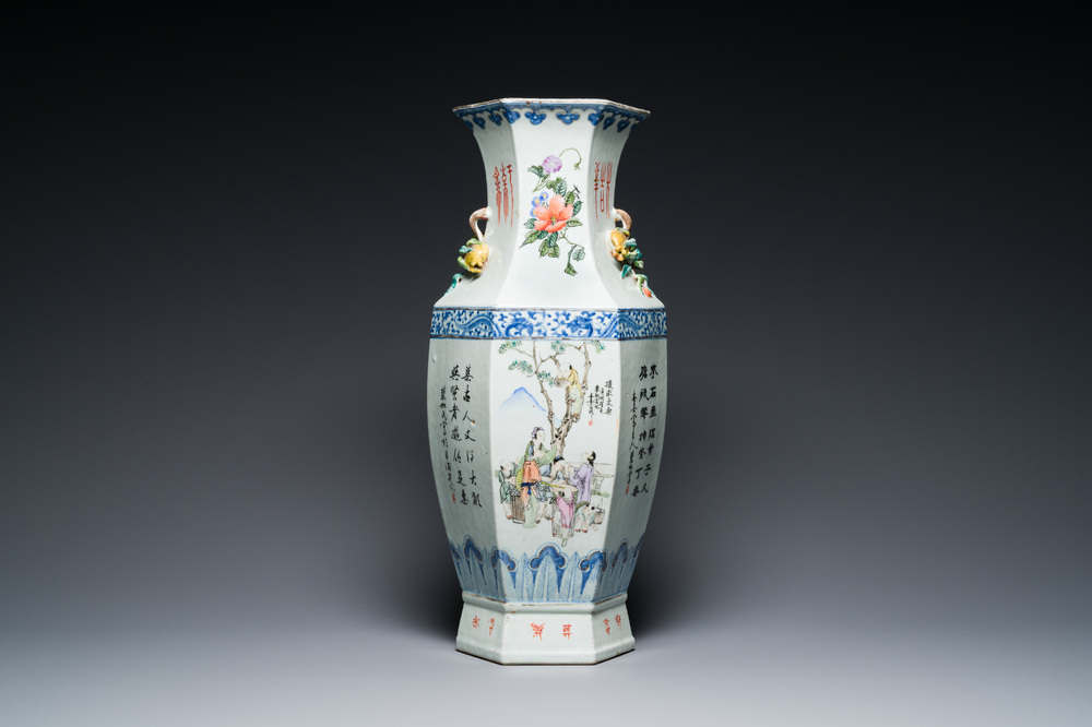 A Chinese hexagonal qianjiang cai vase, signed Hui Ru Shi 慧如氏, dated 1910
