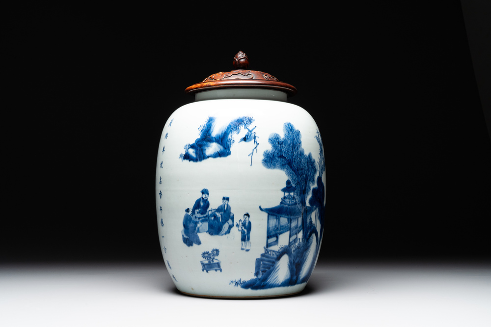 A rare Chinese blue and white lantern-shaped vase with figures in a landscape and calligraphy, Shunzi/early Kangxi