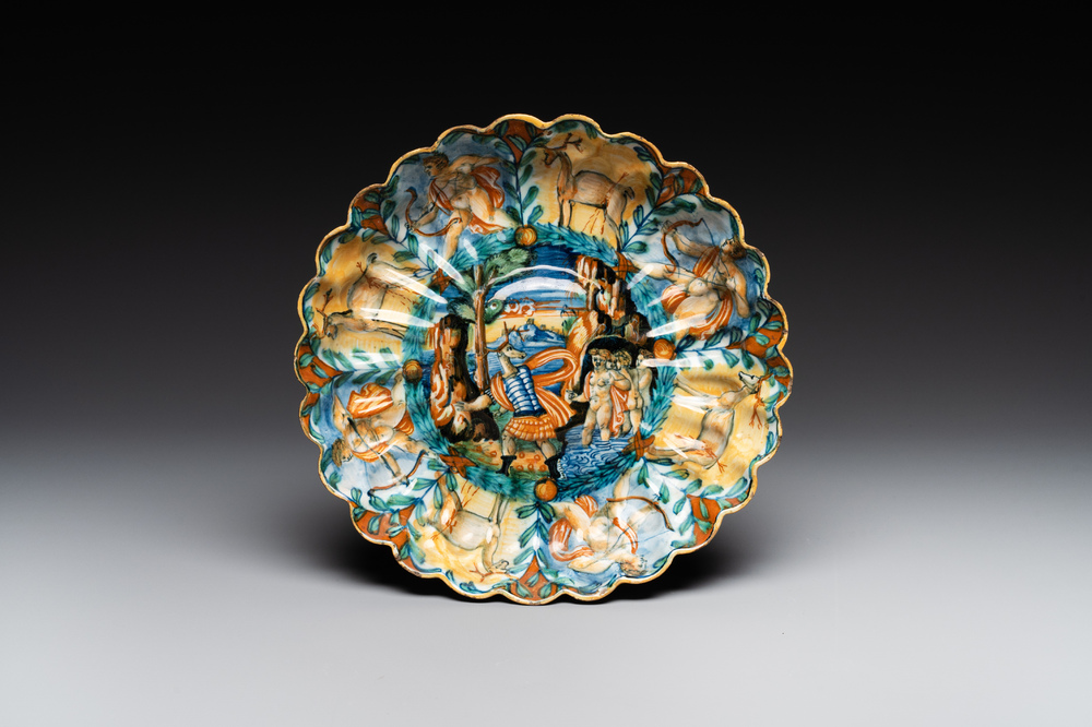 An Italian maiolica 'Istoriato' crespina with Diana and Actaion, workshop of Angelo and Ludovico Picchi, Casteldurante, ca. 1550