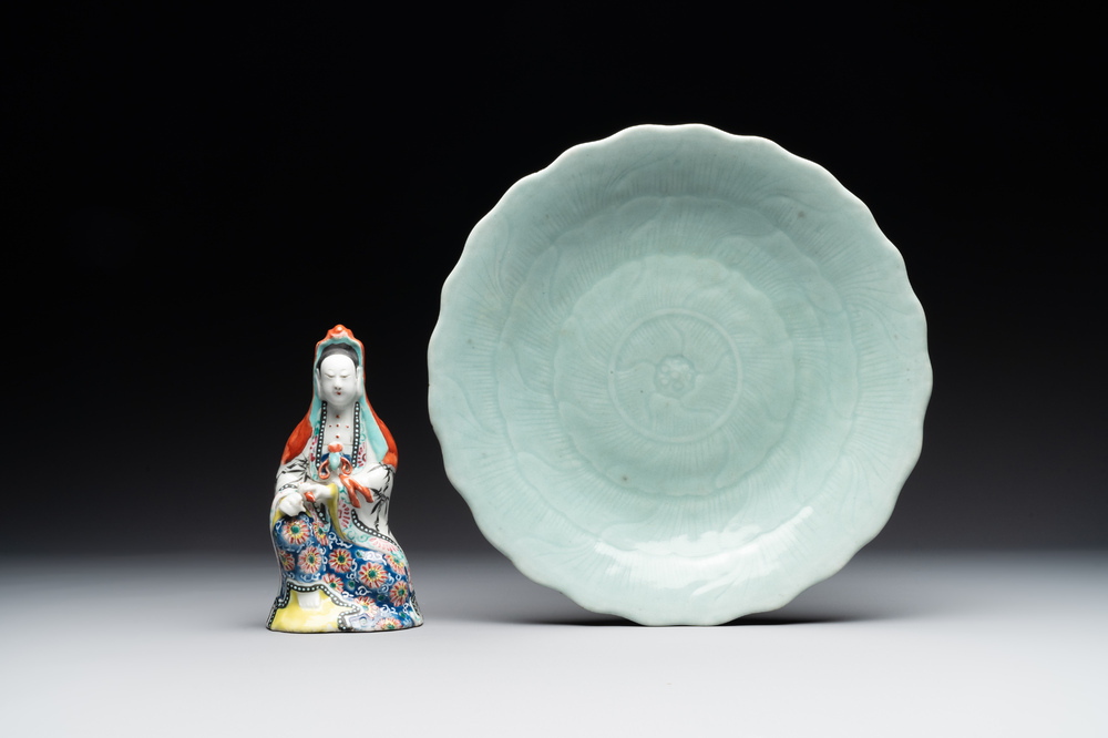 A Chinese famille rose Guanyin and a celadon-glazed dish, Chenghua mark, Qianlong/Jiaqing