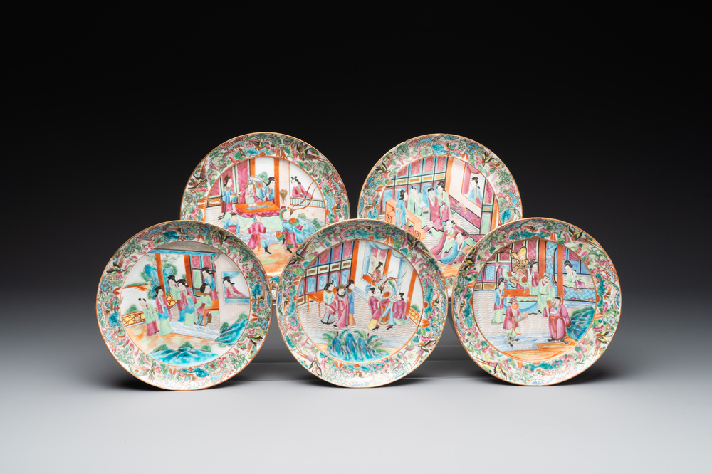 Five Chinese Canton famille rose plates with narrative design, 19th C.