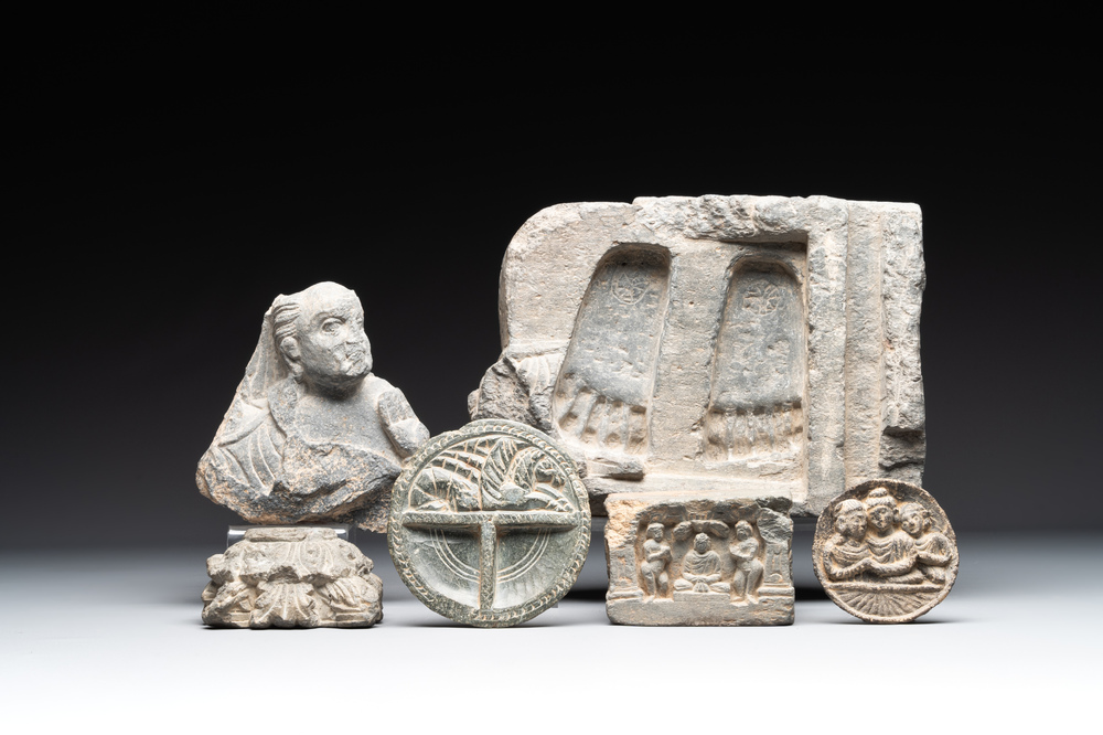 Six Gandhara grey schist fragments with divinities and floral design, 1/4th C.