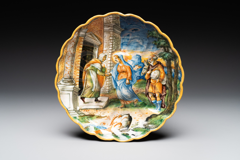 An Italian maiolica 'Istoriato' crespina with The Visitation of Mary to Elizabeth, workshop of Maestro Domenego, Venice, ca. 1570