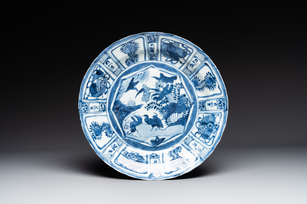 A Chinese blue and white kraak porcelain dish with geese near the water, Wanli