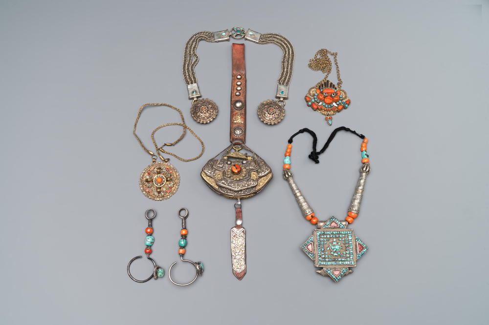 A varied collection of Himalayan accessories with turquoise ornaments, Tibet, 19th C.