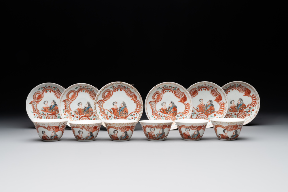 Six Japanese Dutch-decorated or Amsterdams bont 'William and Mary' cups and saucers, Edo, 18th C.