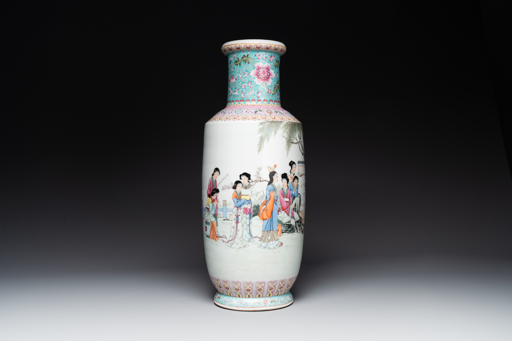A Chinese famille rose rouleau vase with figurative design, Qianlong mark, Republic