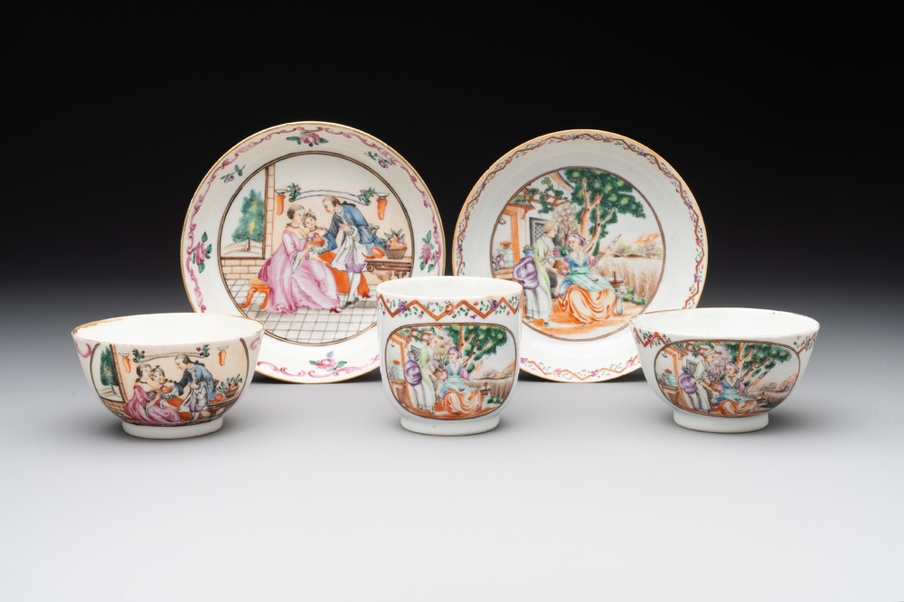 Three Chinese export famille rose 'European subject' cups and two saucers, Qianlong