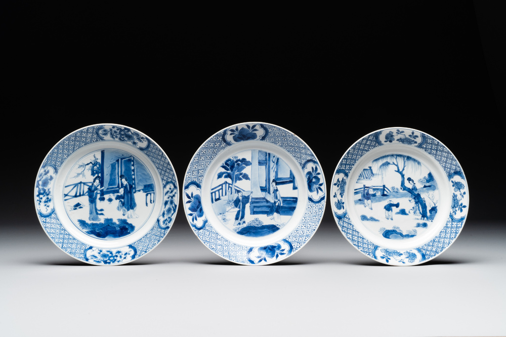 Three Chinese blue and white plates with figural design, Chenghua and Kangxi mark, Kangxi