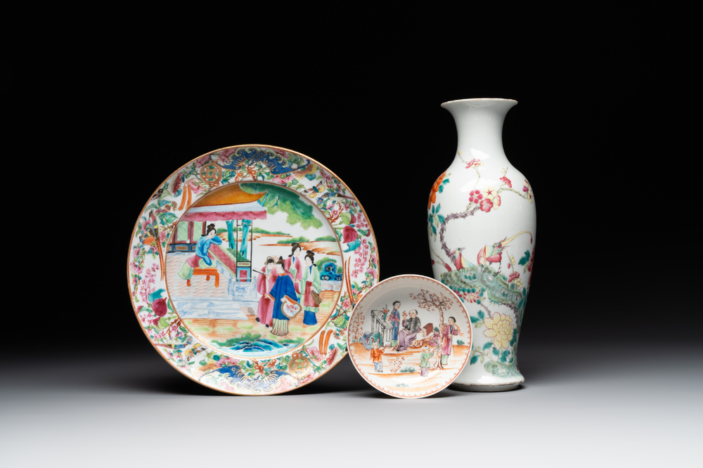 A Chinese Canton famille rose plate, a famille rose vase and a saucer, Qianlong and later