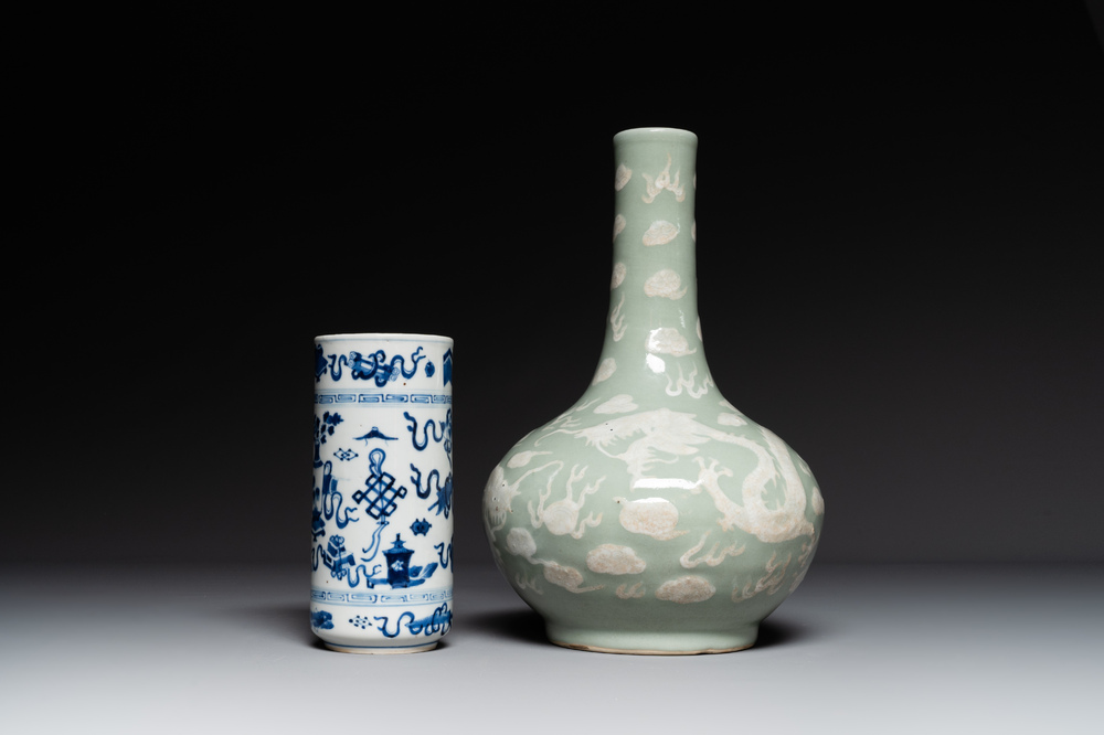 A Chinese celadon-ground slib design 'dragon' vase and Chinese blue and white vase or incense container, 19th C.