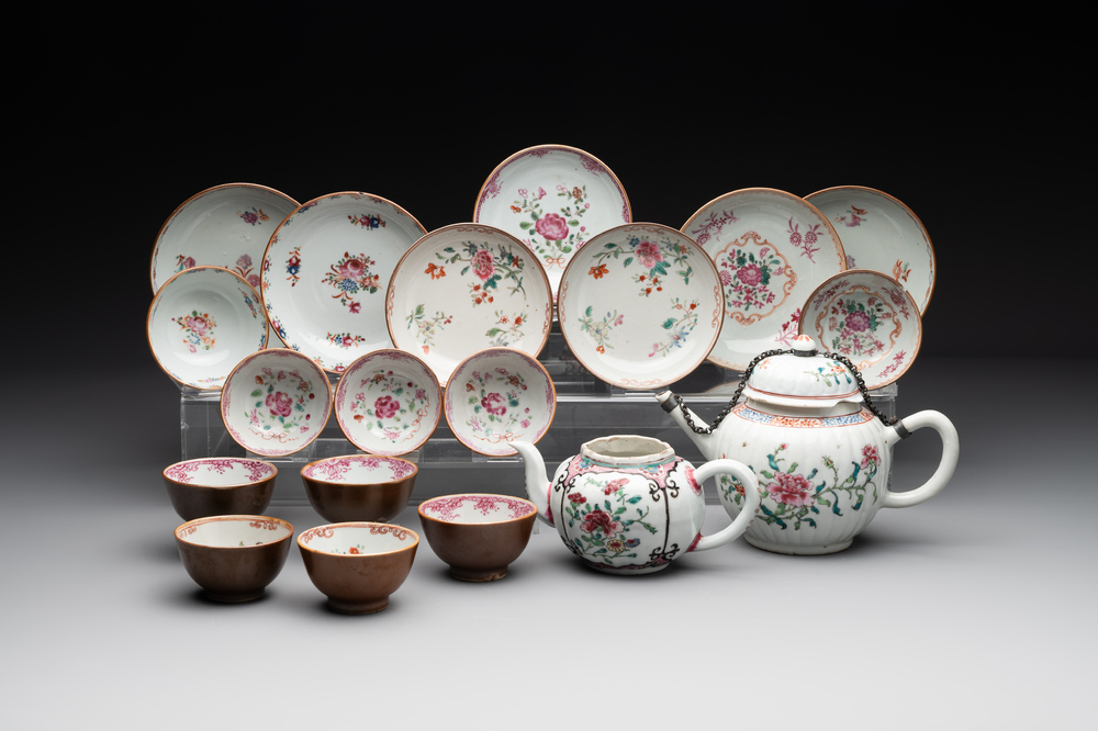 Two Chinese famille rose teapots, ten cups and nine saucers, Qianlong