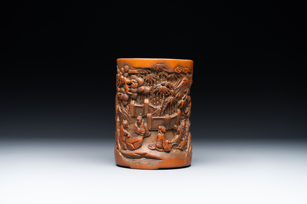 A Chinese carved bamboo 'Seven Sages of the Bamboo Grove' brush pot, 19th C.