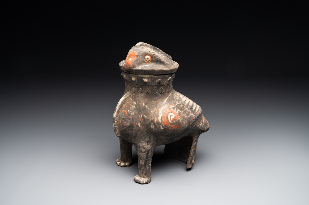A Chinese painted terracotta owl-shaped 'zun' wine vessel, Han
