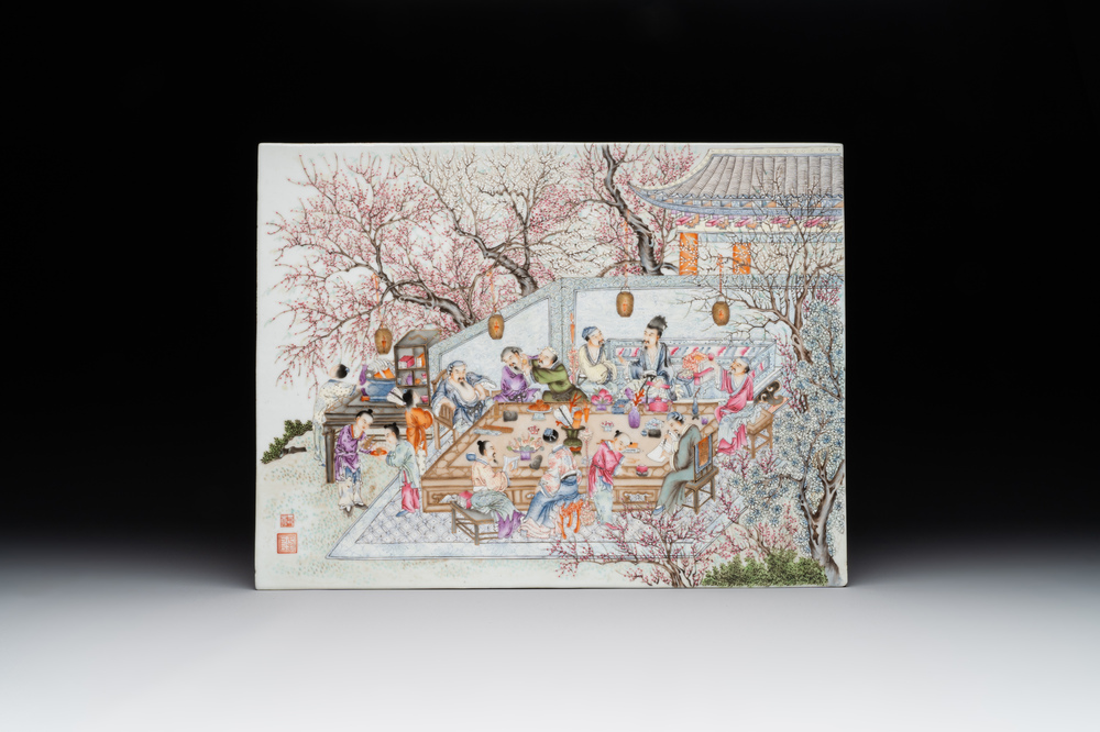 A Chinese famille rose 'hundred boys' plaque, Qianlong mark, 20th C.