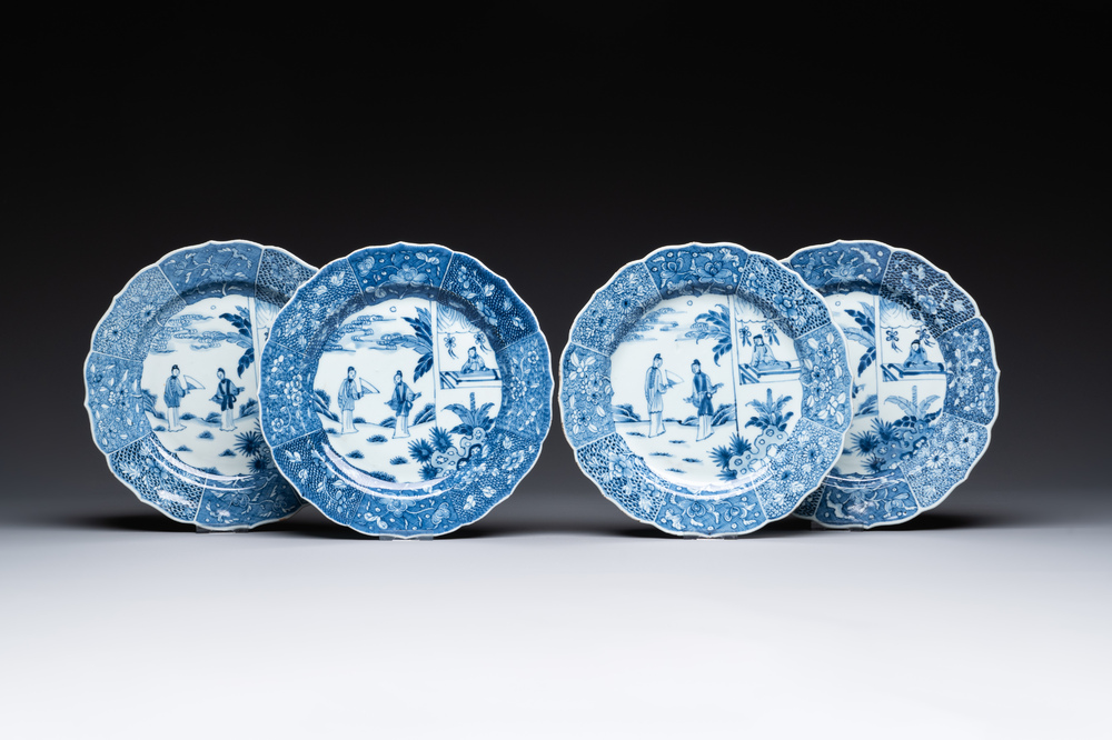 Four Chinese blue and white 'Xi Xiang Ji' plates, Qianlong