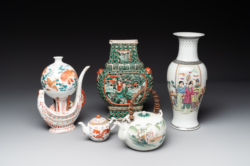 Two Chinese famille rose vases, two teapots and a Japanese wucai ewer, 19th C.