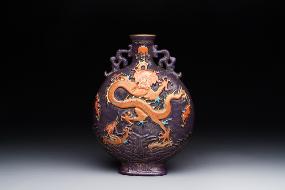 A fine Chinese purple-ground iron-red and gilt-decorated 'dragon' moonflask, Qianlong mark, Republic