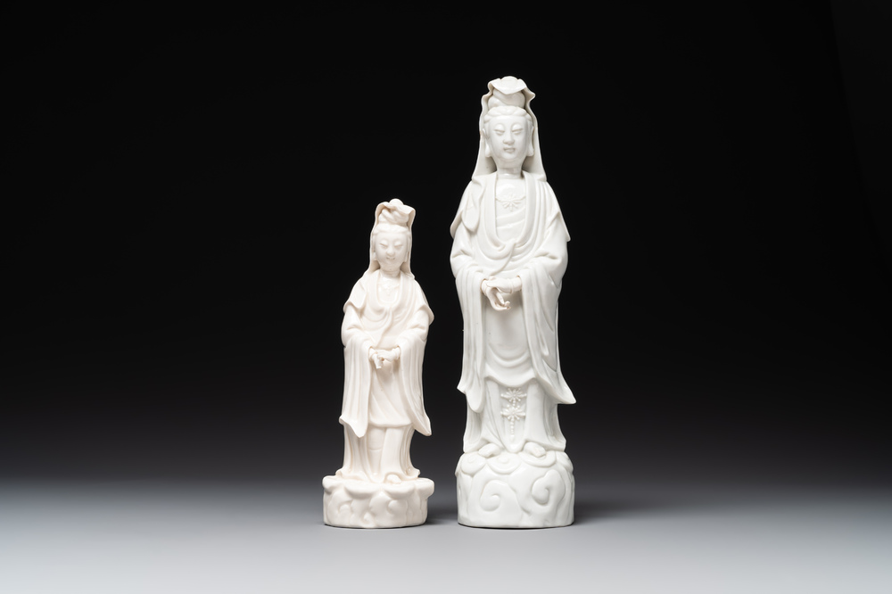 Two Chinese Dehua blanc de Chine figures of Guanyin, 18th C.