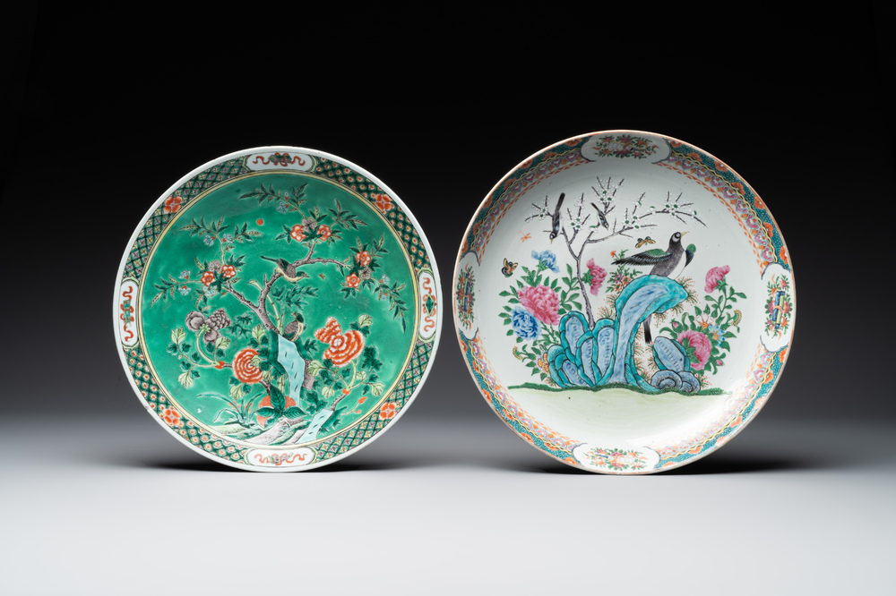 A Chinese famille verte and a famille rose dish with birds among blossom branches, 19th C.