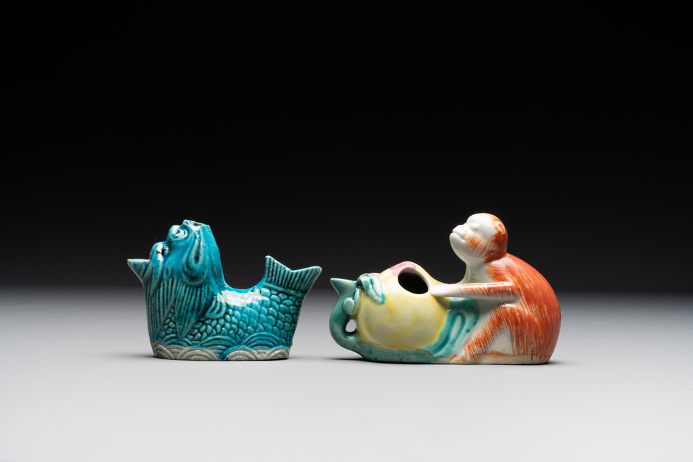 Two Chinese famille rose and turquoise-glazed water droppers, Kangxi/Qianlong