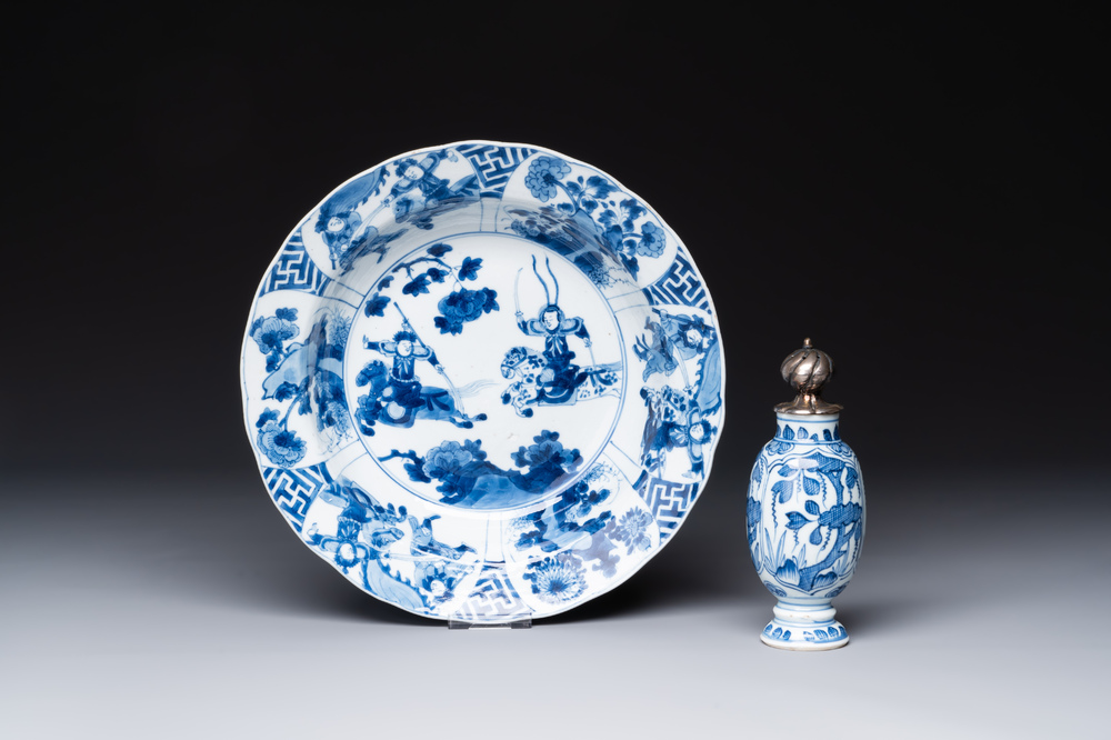 A Chinese blue and white 'hunting scene' 'klapmuts' bowl and a vase with a silver cover, Kangxi
