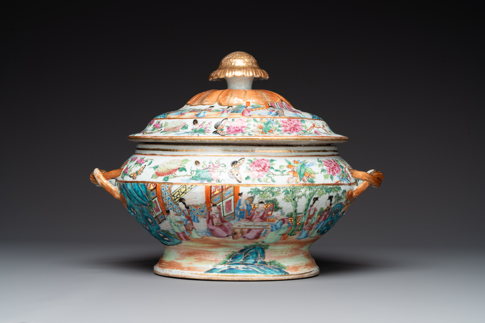 A Chinese Canton famille rose tureen and cover with narrative design, 19th C.