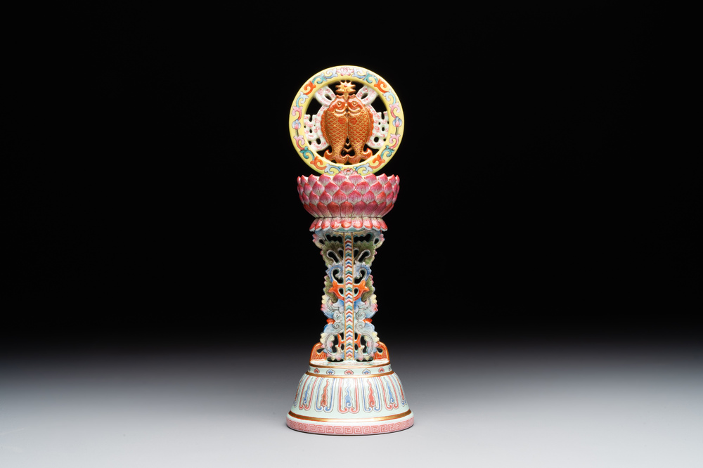 A rare Chinese famille rose Buddhist emblem altar ornament, Qianlong mark and of the period