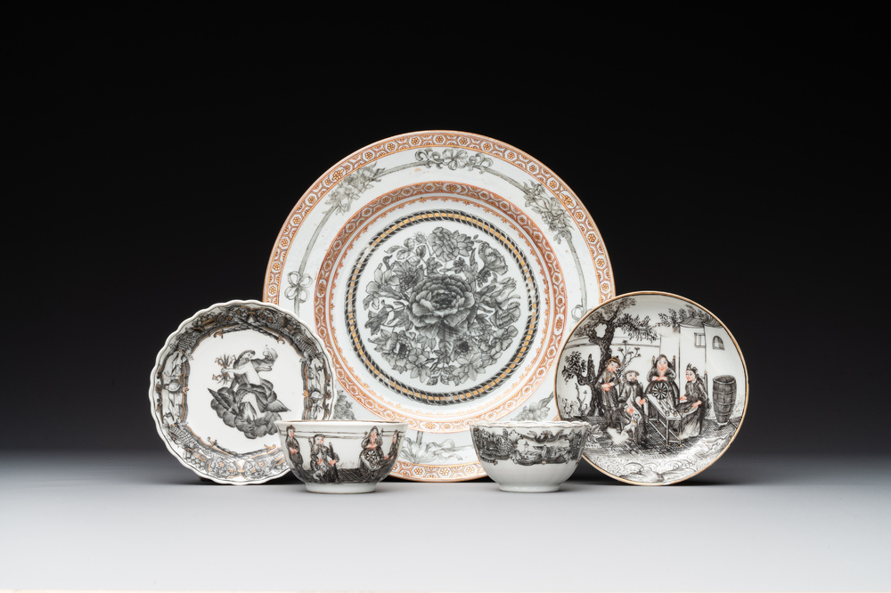 Two Chinese export grisaille cups and saucers and a plate, Qianlong