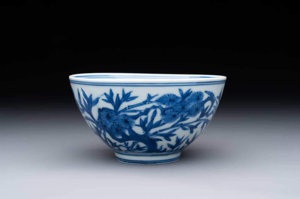 A Chinese blue and white 'Three friends of winter' bowl, Jiajing mark, Kangxi