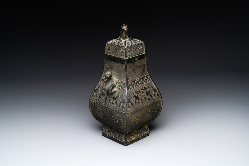 A Chinese archaistic bronze ritual wine vessel and cover in Western Zhou-style, 'fang hu 方壺', Ming