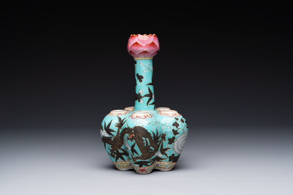 A Chinese famille rose turquoise-ground 'dragon' flower vase, 19th C.