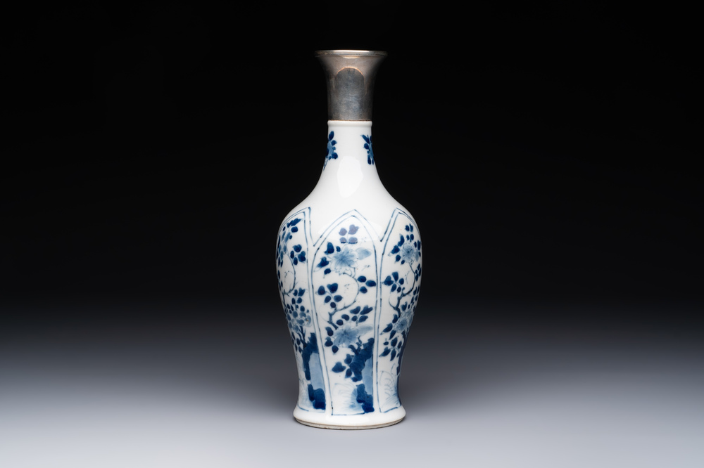 A Chinese blue and white silver-mounted vase with floral design, Kangxi