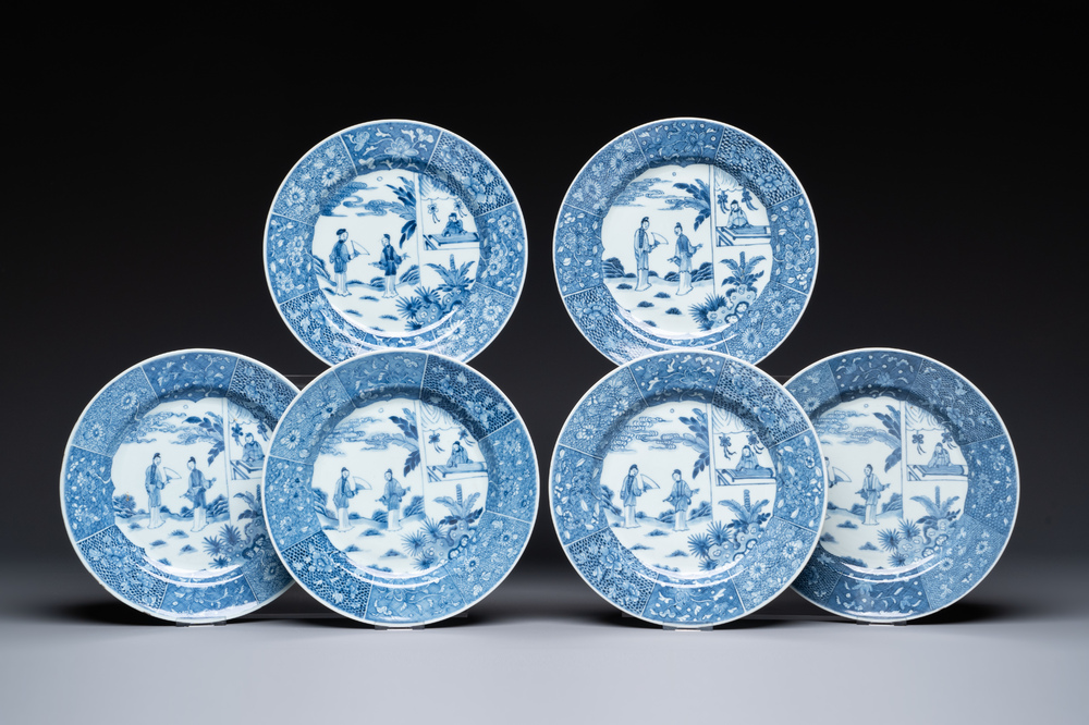 Six Chinese blue and white 'Xi Xiang Ji' plates, Qianlong