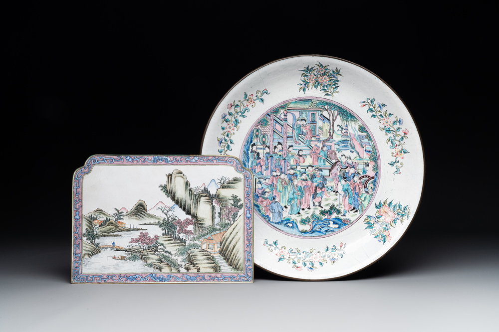A Chinese Canton enamel plaque and large dish, Qianlong mark, 19th C.