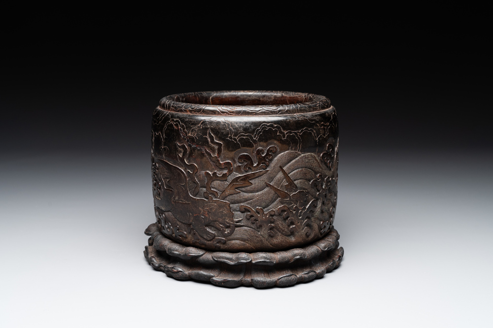 A Chinese Zitan wood 'chilong' brush pot, 17/18th C.