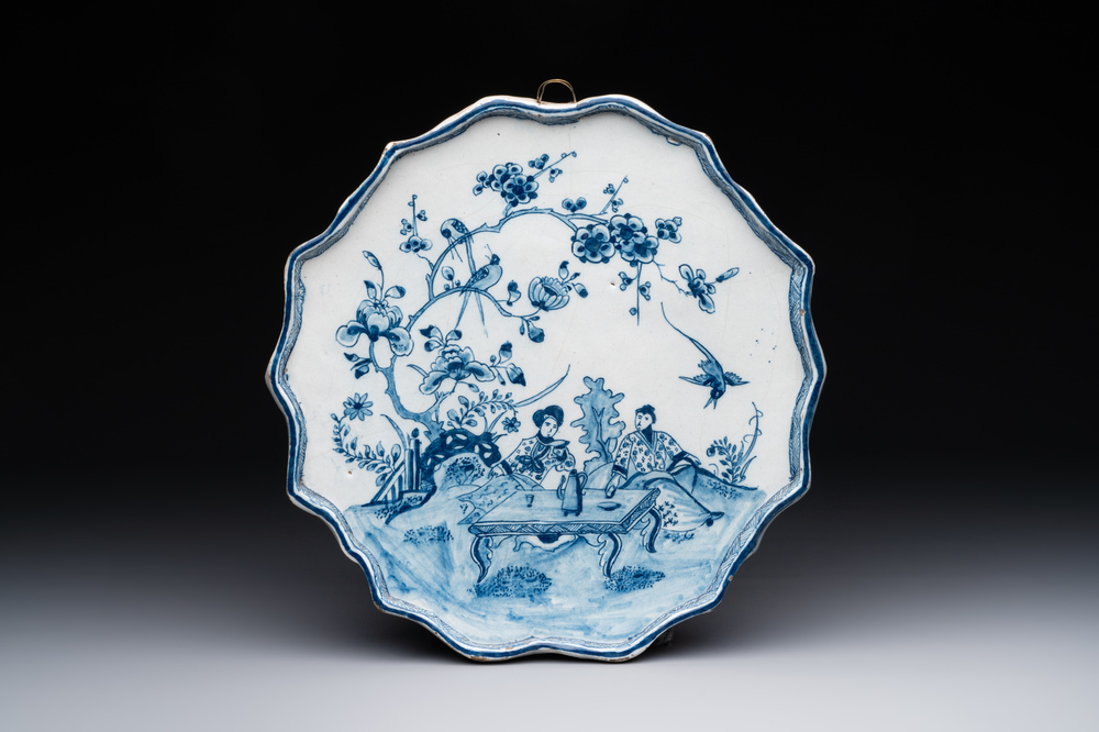 A blue and white Dutch Delft 'chinoiserie' plaque, 18th C.