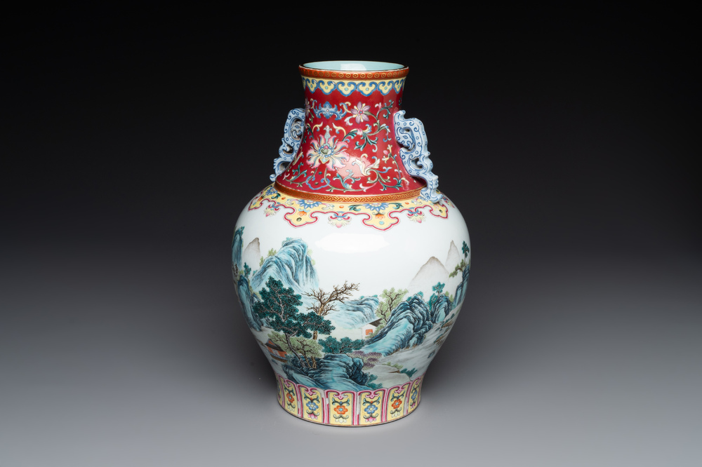 A Chinese famille rose 'mountainous landscape' vase, Qianlong mark, 19/20th C.
