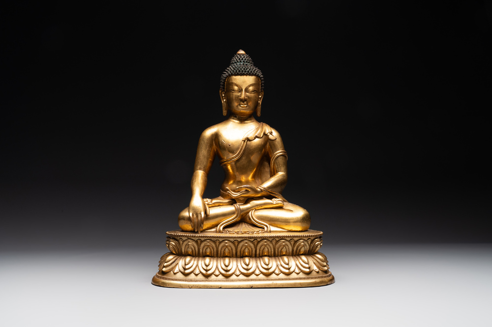 A rare Chinese gilt bronze Buddha Shakyamuni, 18th C.