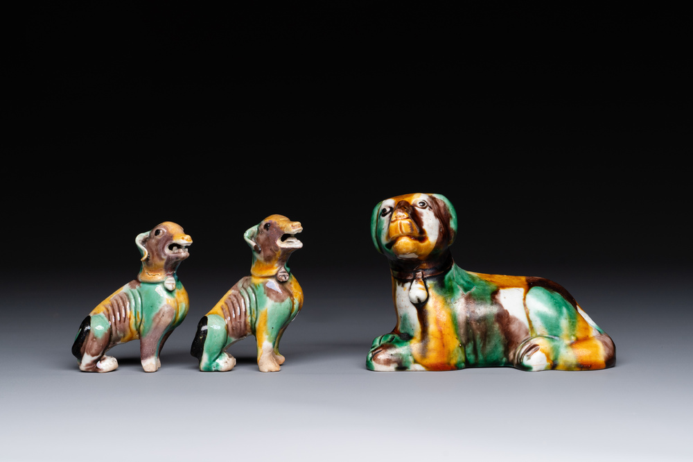 Three Chinese sancai-glazed dogs, Qianlong and later