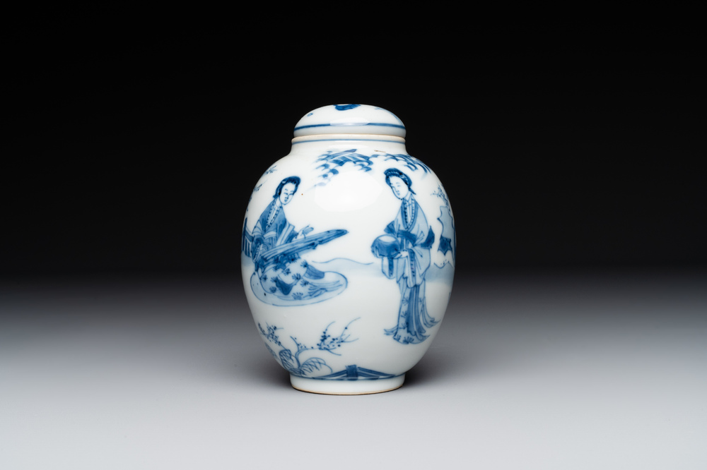 A Chinese blue and white tea caddy and cover with ladies playing music, Kangxi