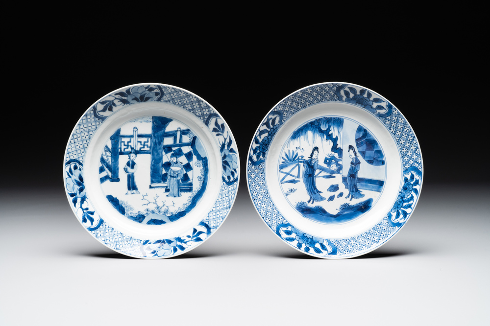 Two Chinese blue and white plates with figural design, Wanli and Kangxi mark, Kangxi