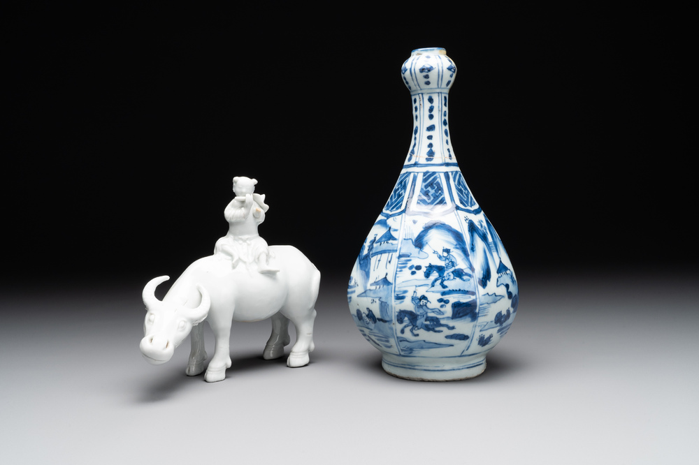 A Chinese blue and white garlic-mouth vase and a white glazed group of a boy on a buffalo, Wanli/Qianlong