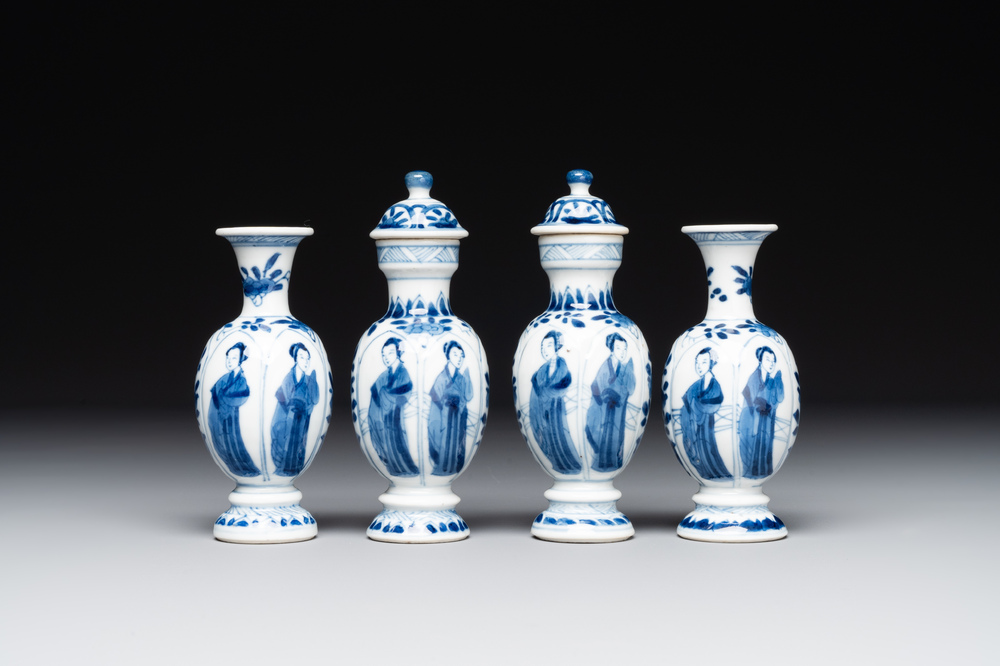 Two pairs of Chinese blue and white 'Long Eliza' vases, jade mark, Kangxi