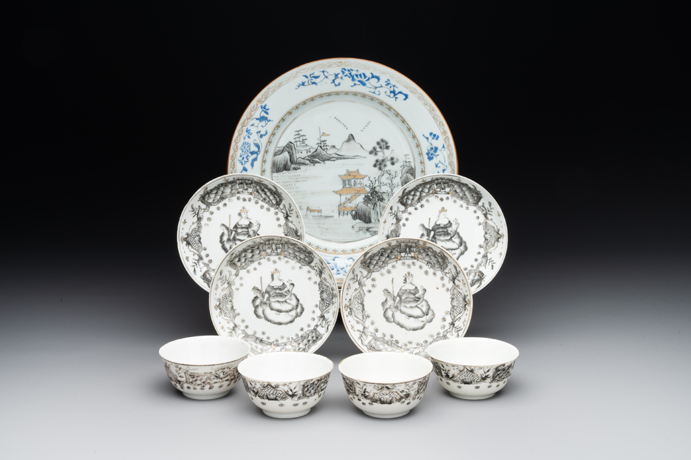Four Chinese grisaille cups and saucers and a plate with blue-enamelled border, Qianlong