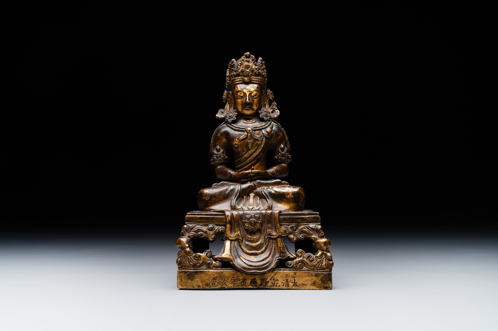 A Sino-Tibetan gilt bronze Buddha Amitayus, dated 1770, Qianlong